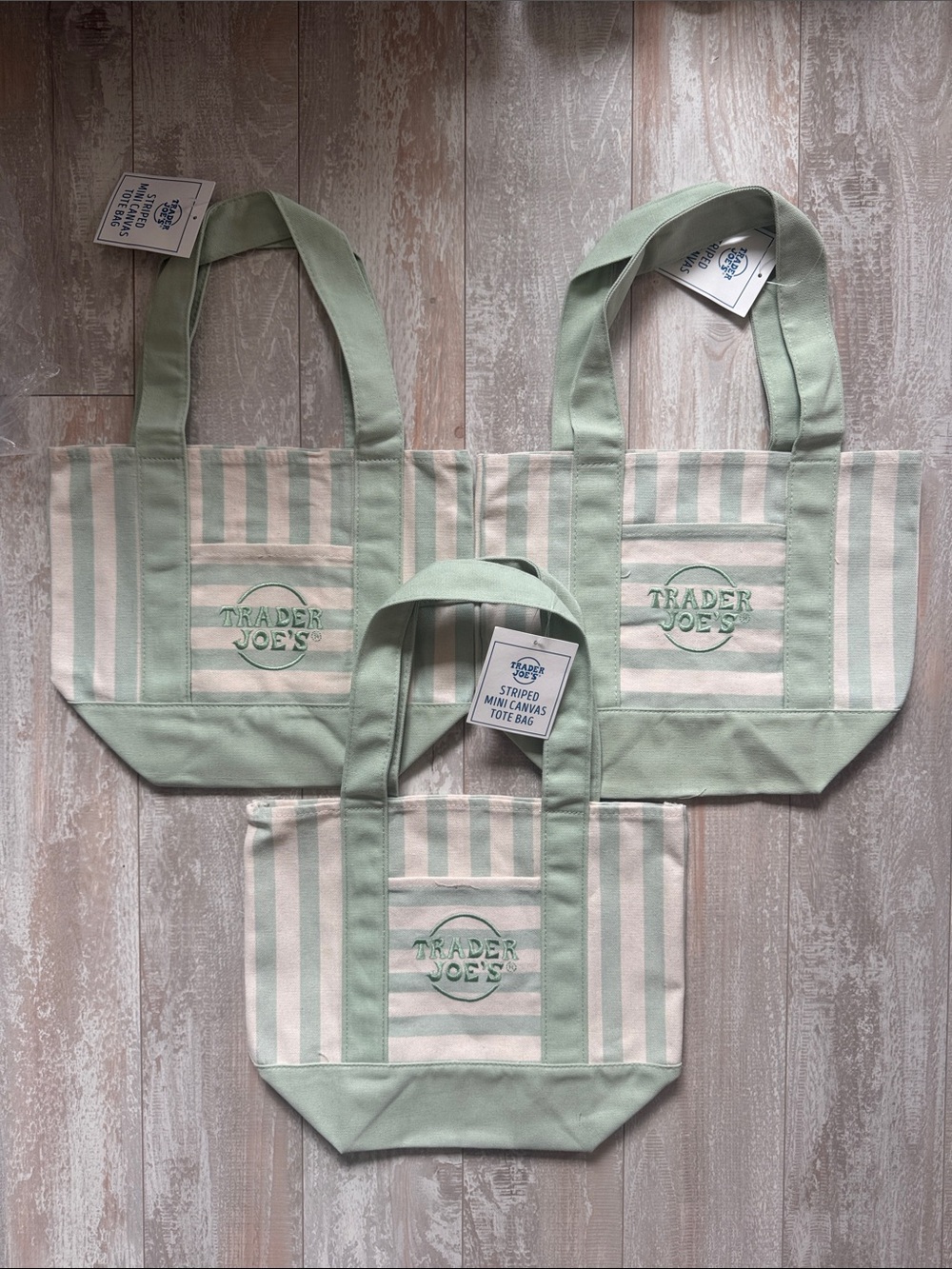 Trader Joe's Green Striped Canvas Tote Bags - Set of 3